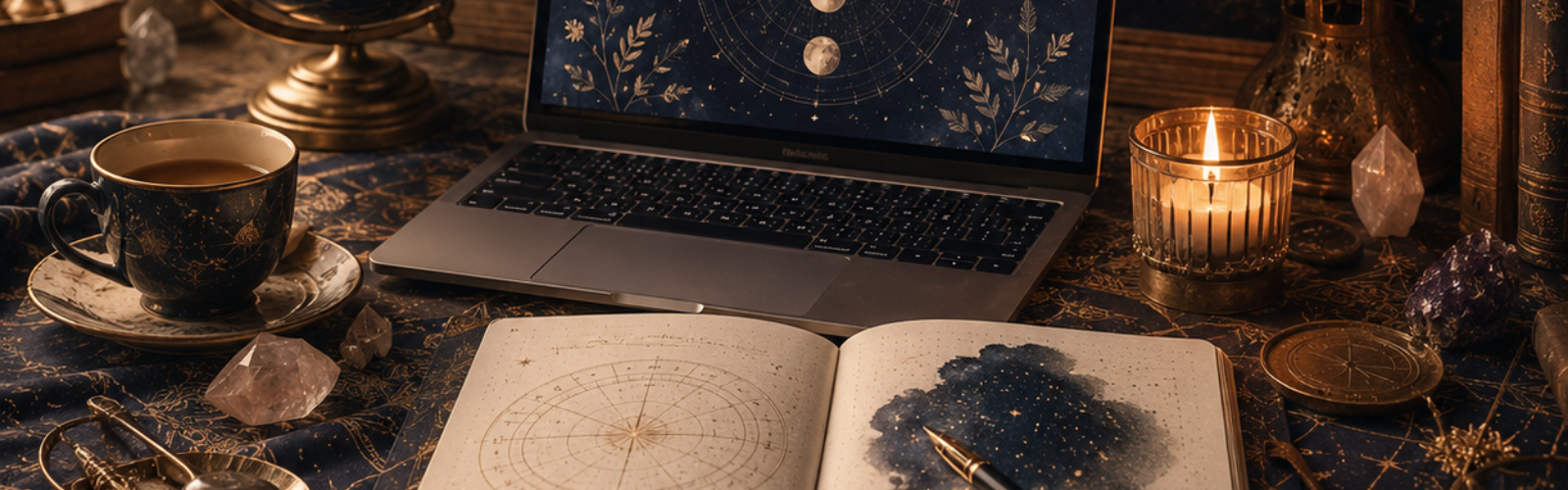 Bureau astrologique : carnet, thème astral et bougie